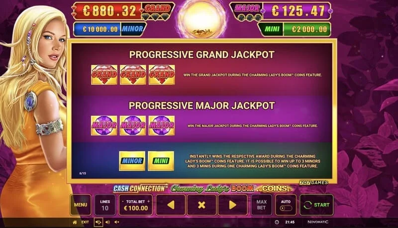 Cash Connection - Charming Lady's Boom Coins - jackpottide tabel Mini, Minor, Major ja Grand