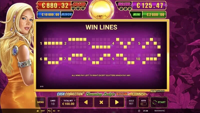 Cash Connection - Charming Lady's Boom Coins - võiduliinid ja Wild Charming Lady